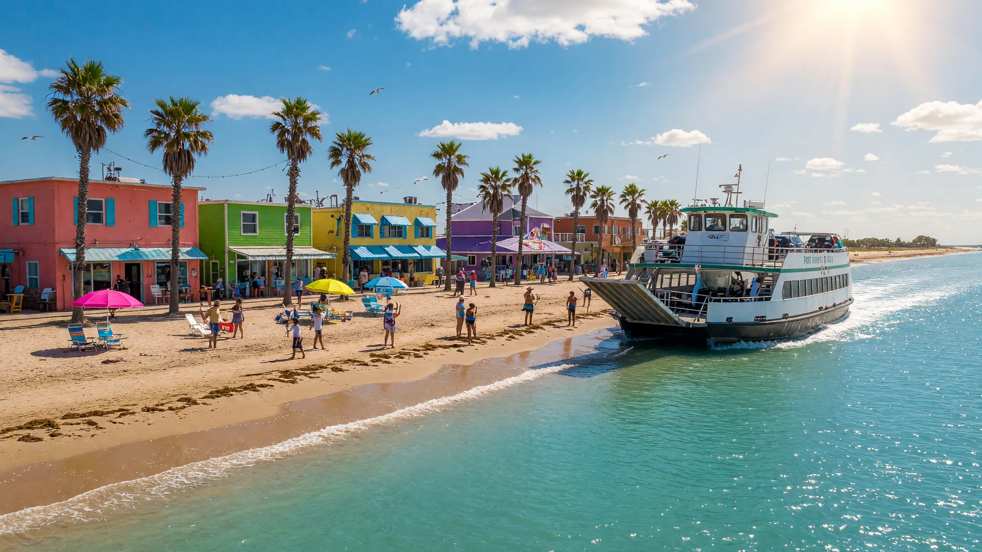 A Texas beach destination with a ferry boat approaching the shore