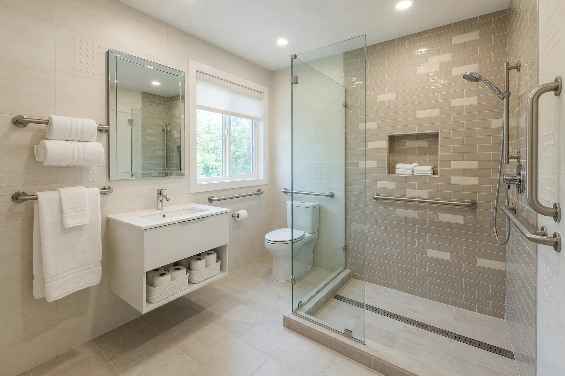 A bright, newly renovated accessible bathroom with a curbless shower and grab bars