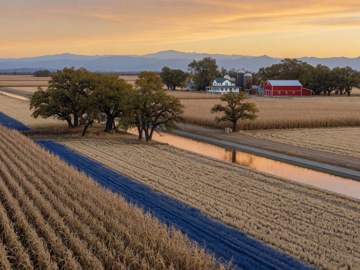 Merced County farmland at golden hour in early autumn with rows of late-season crops, valley oaks, a farmhouse and barn, and the blue Sierra Nevada foothills on the horizon