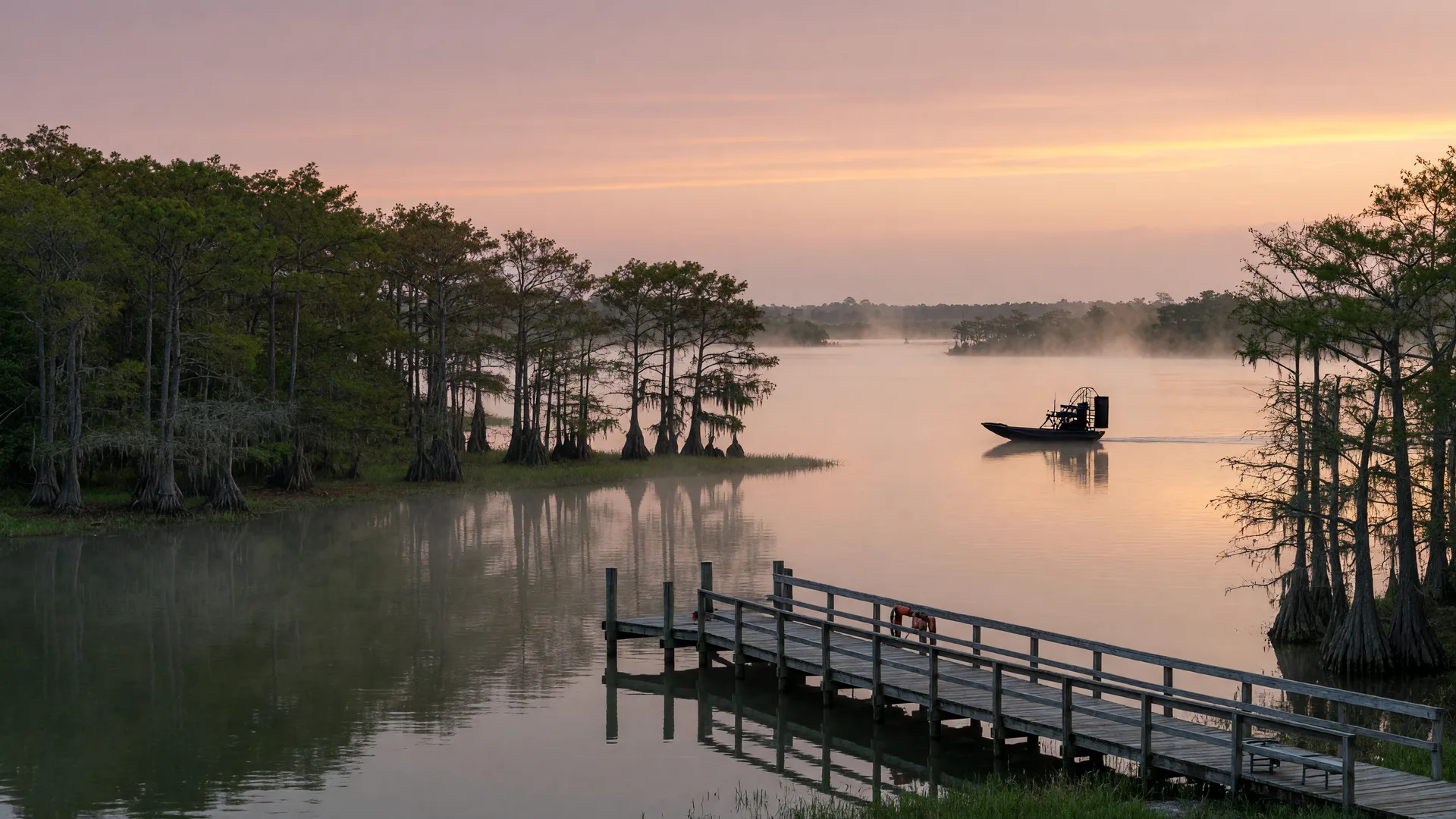 Sunrise over a calm Kissimmee chain lake in Osceola County, Florida