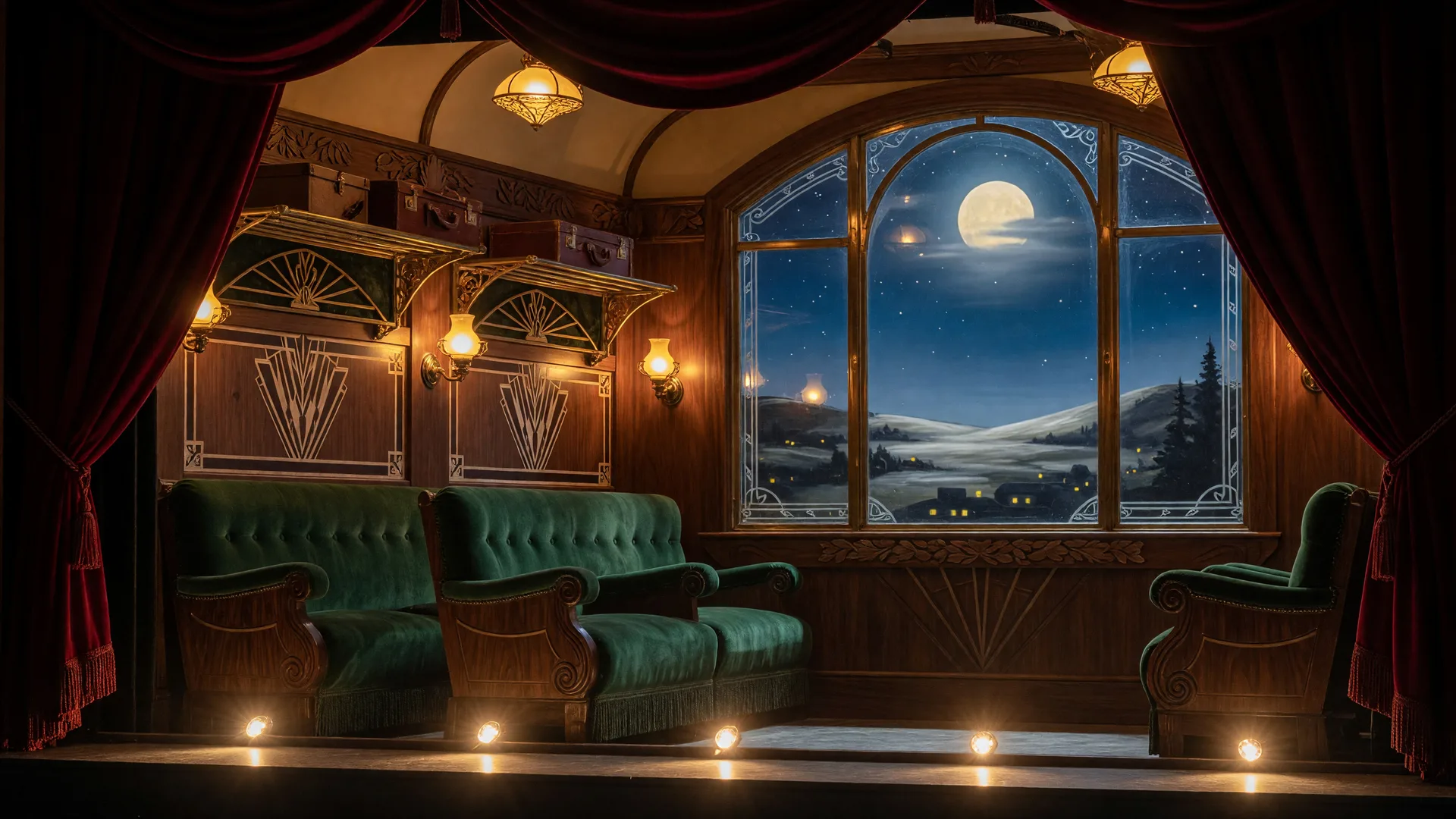 A theatrical stage set of a 1930s art deco train carriage with emerald velvet seats, brass racks, and warm lamps against a deep blue night backdrop