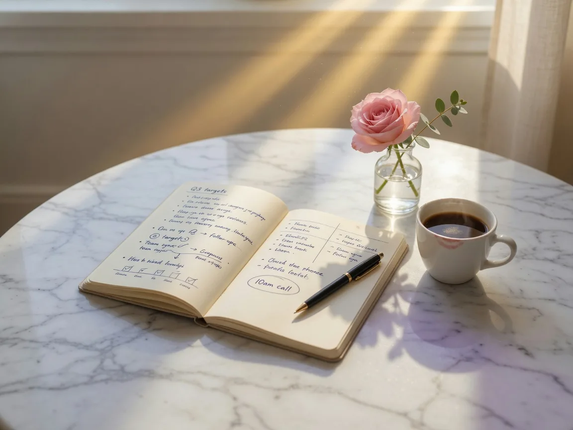A calm, organized home office with natural light, fresh roses, and indoor plants, representing intentional business building