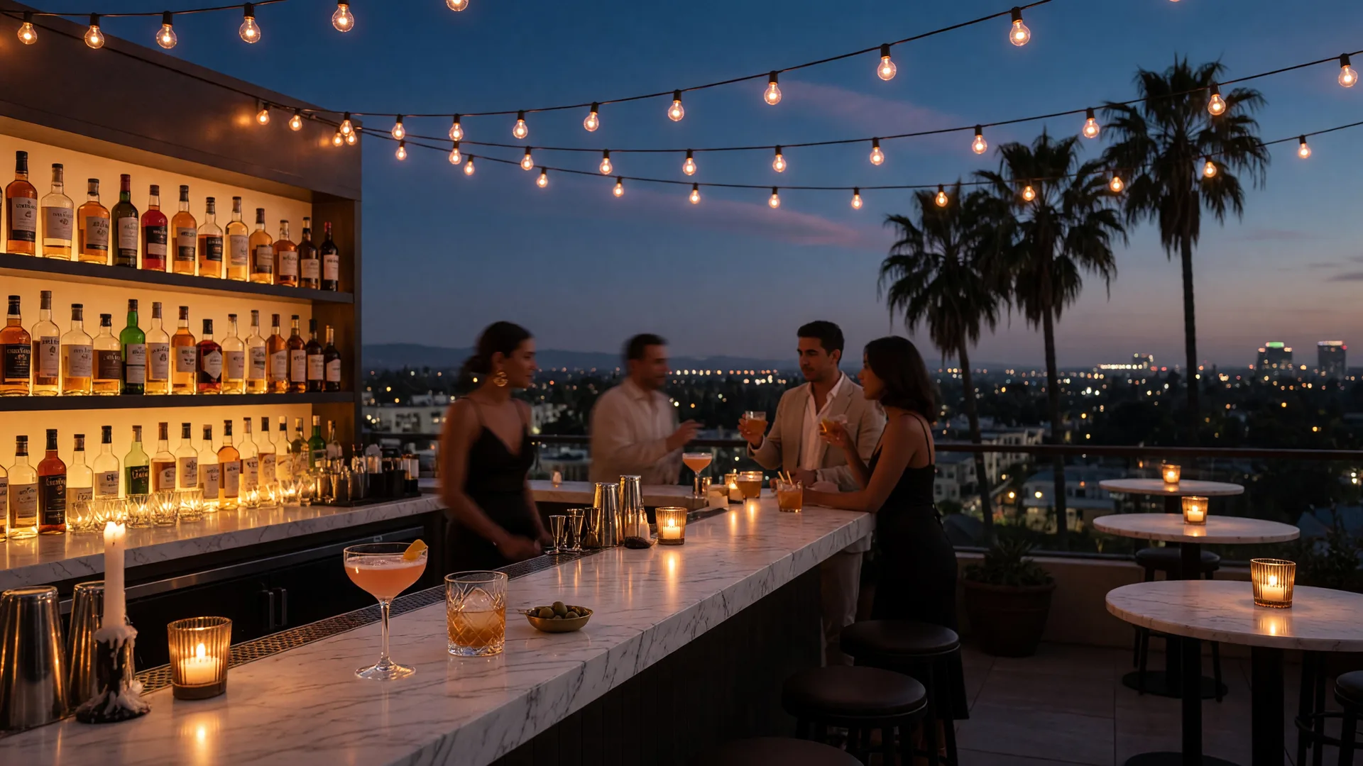 A rooftop cocktail bar in Pasadena at twilight with string lights and a marble bar