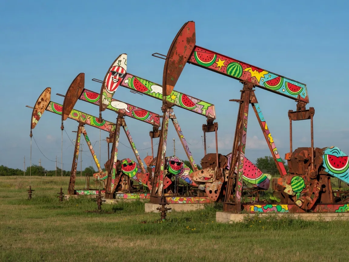 Row of colorful vintage oil pump jacks painted with watermelon and comic-book motifs standing in a grassy field under a clear blue Luling, Texas sky