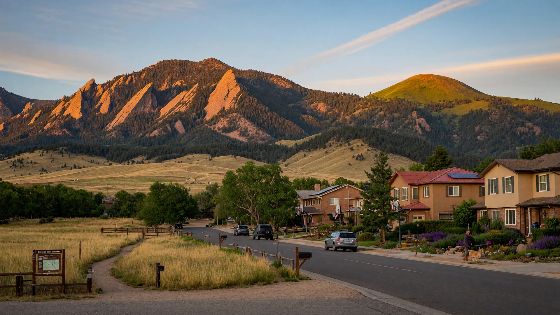 South Boulder neighborhood with Flatirons and Green Mountain in background