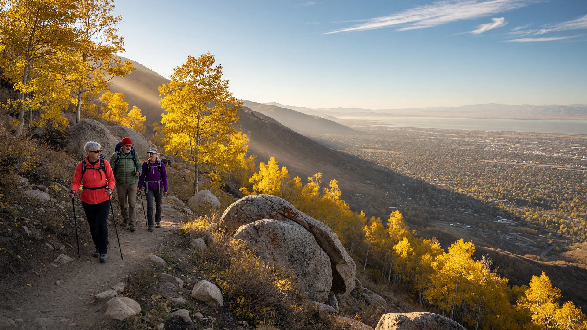 Active adults hiking a Wasatch Mountains trail near Draper, Utah in autumn