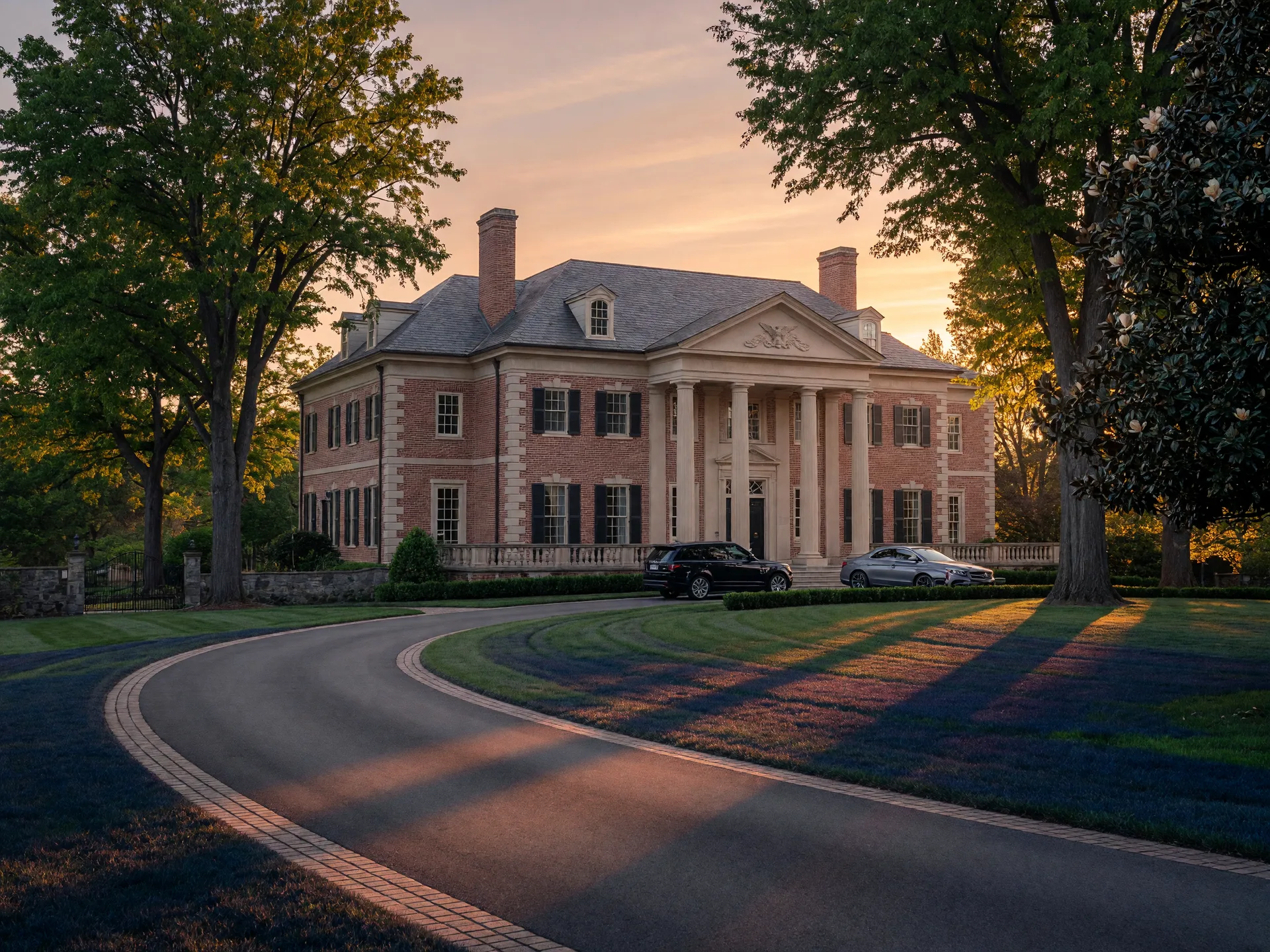 A stately brick and stone Colonial home on a long driveway in Potomac, Maryland at golden hour