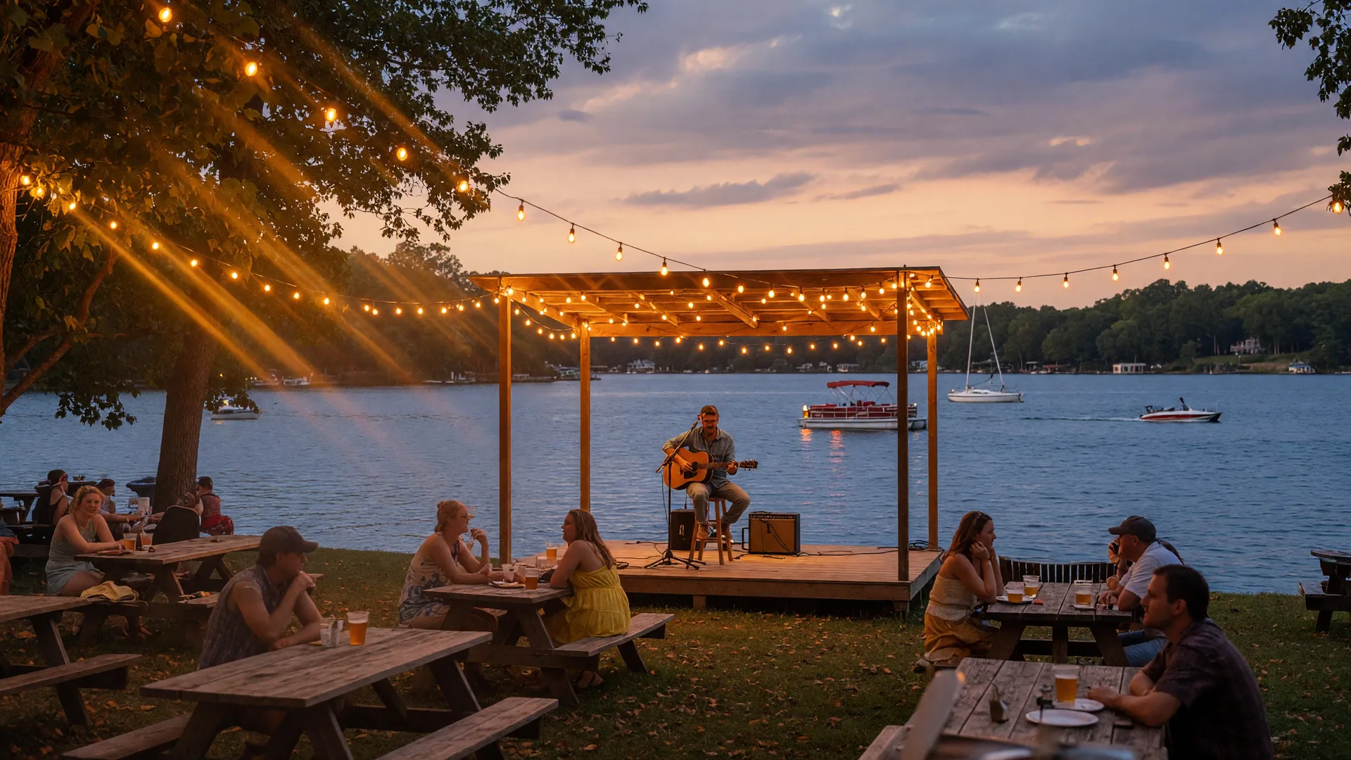 Summer evening on Lake Norman with string lights over an outdoor music stage and lakeside crowd