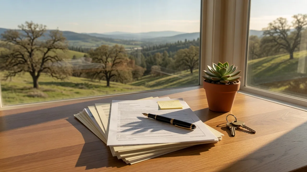 A stack of real estate disclosure paperwork, a fountain pen, and a brass house key on an oak table beside a window overlooking a Southern Oregon valley