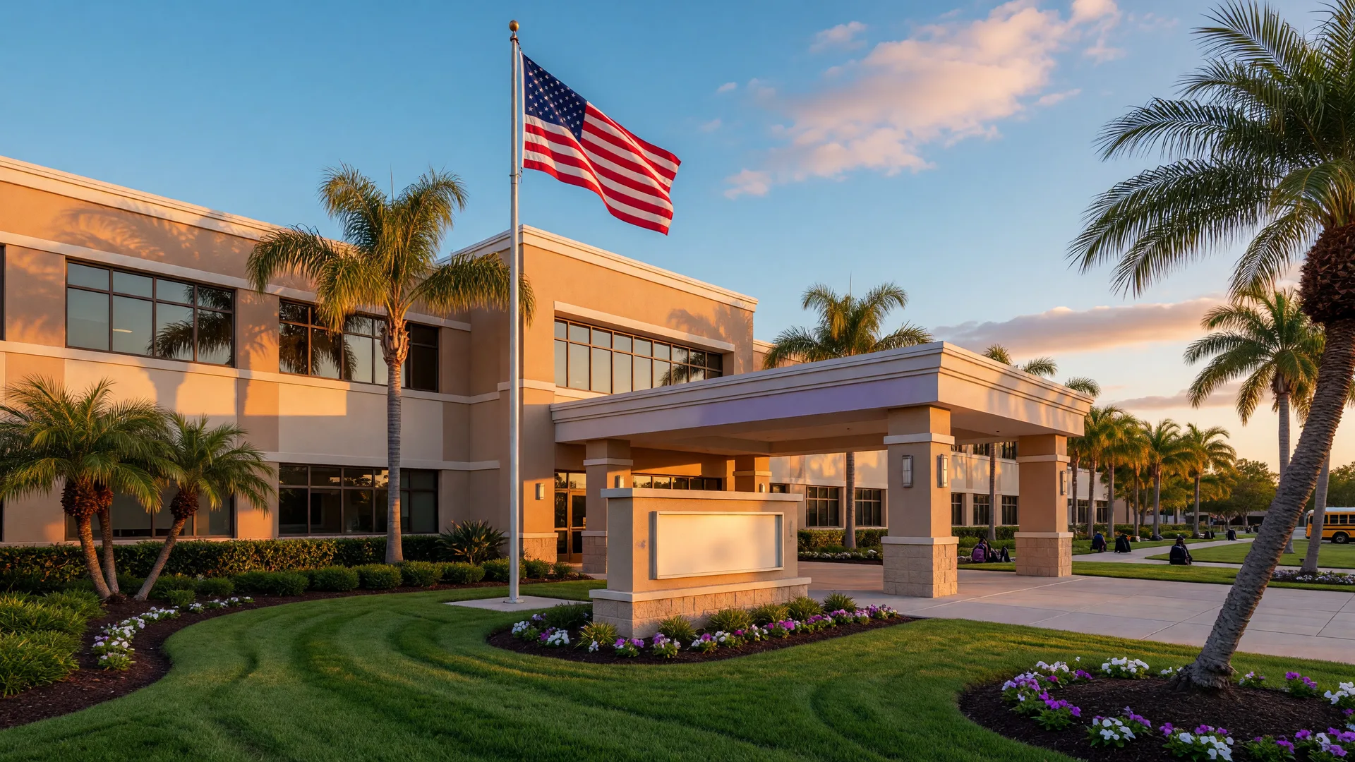 Modern school building entrance in Murrieta with an American flag and palm trees on a sunny morning