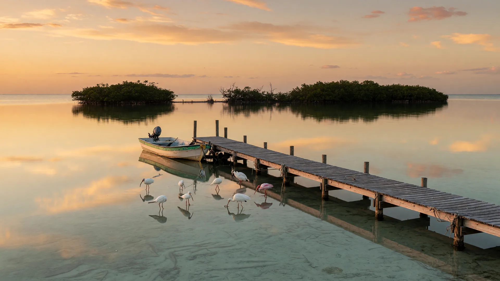 Florida Bay in the Upper Florida Keys at sunset, calm turquoise and gold flats stretching to a mangrove island horizon, a long wooden dock with a small skiff moored at the end