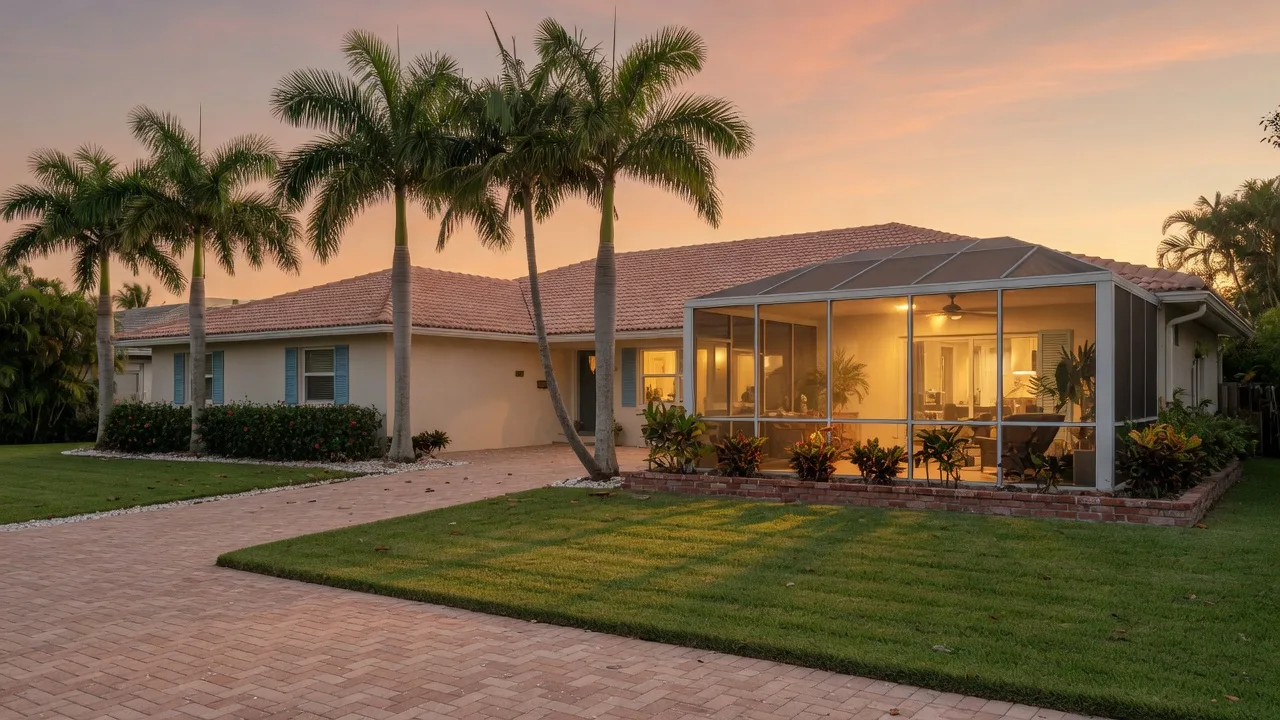 A single-story coastal Florida home in warm early October evening light, with a glowing screened lanai, royal palms casting long shadows, and an amber harvest sky