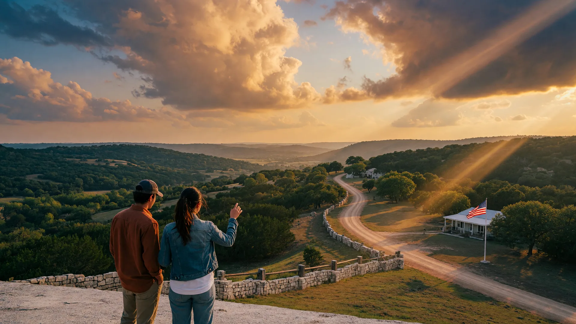 A young couple standing on a limestone ridge overlooking the Texas Hill Country at golden hour with a dramatic sky and an American flag flying from a pole on a distant home