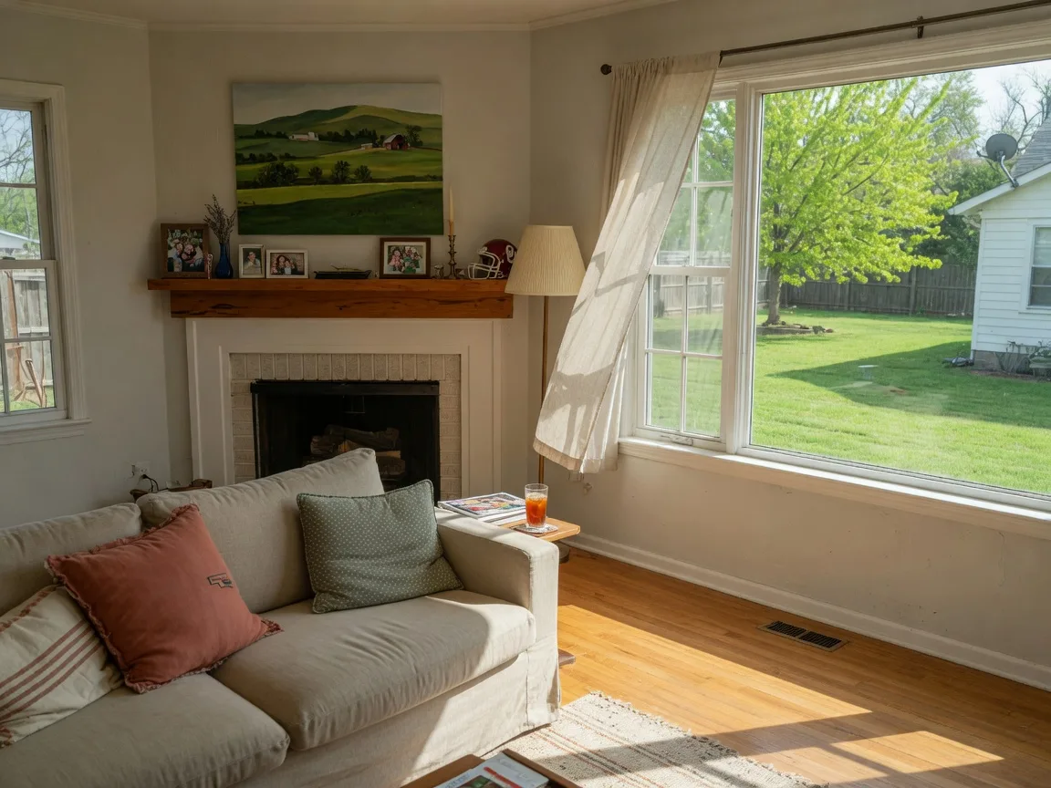 Bright, welcoming living room in an Oklahoma home with a sofa, fireplace, and large window overlooking a green yard