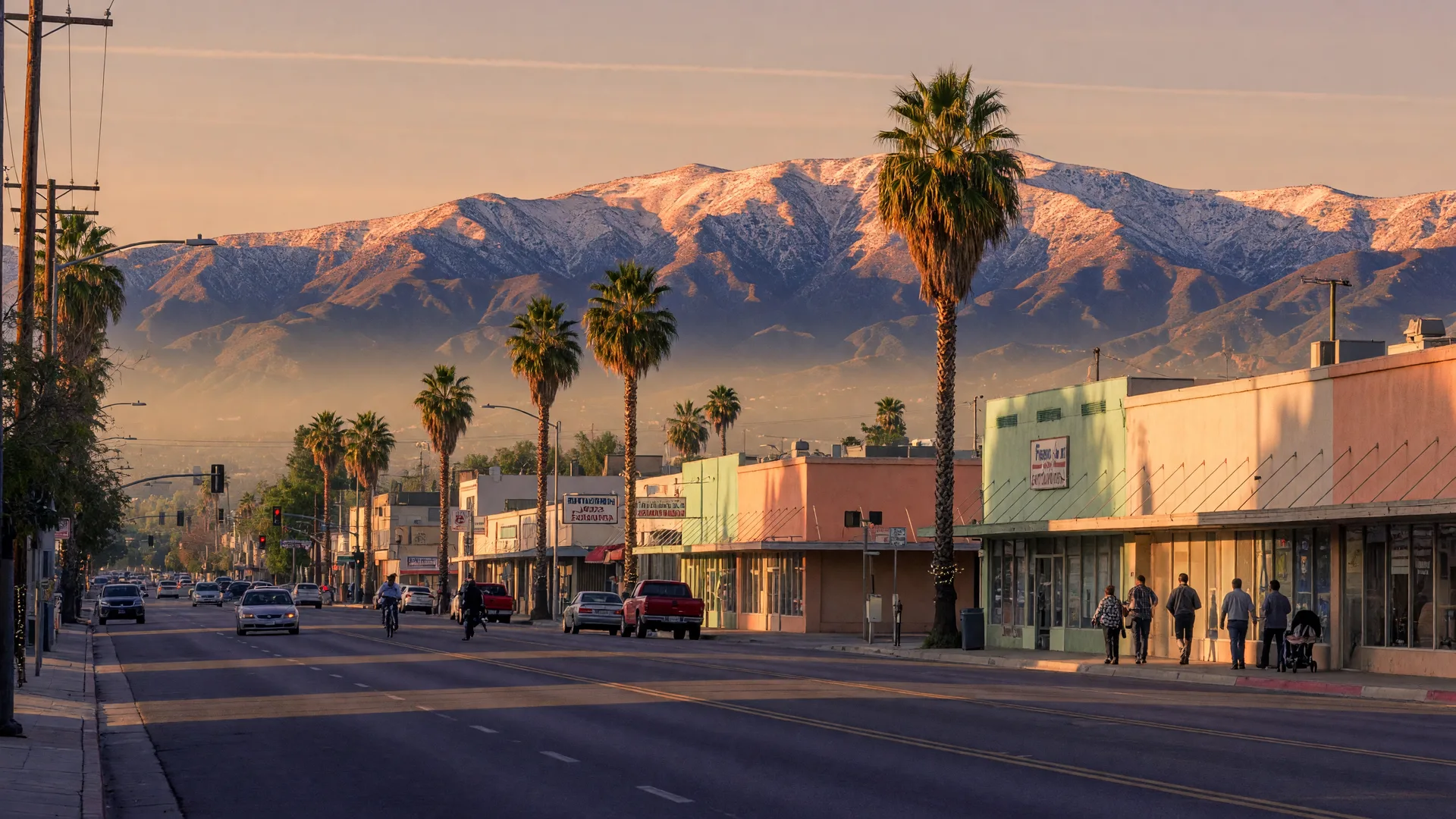 Downtown Fresno at golden hour with the Sierra Nevada on the horizon
