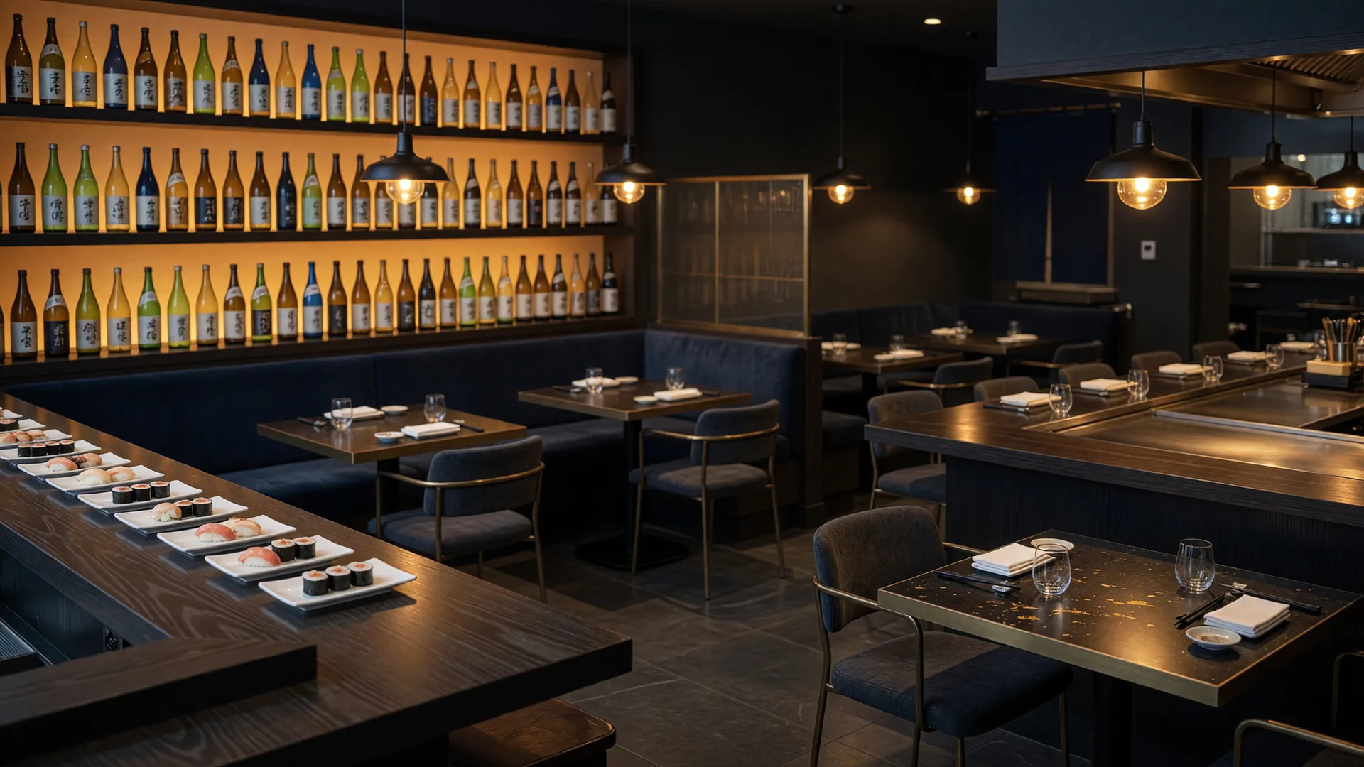 The sleek sushi bar interior at Taki Japanese Sushi & Hibachi in Dacula Georgia, with a dark wood counter, glowing sake wall, and warm pendant lighting