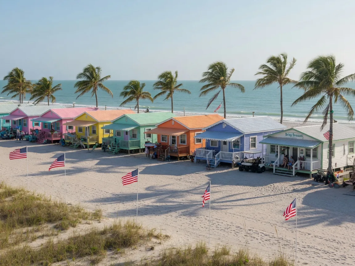 Colorful old-Florida beach cottages at Briny Breezes with the wide Atlantic beach as the front lawn on a sunny morning