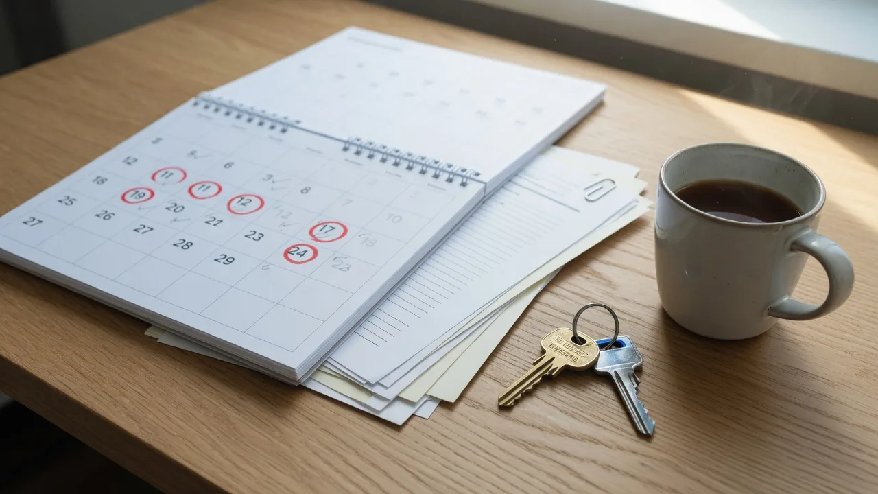 An open calendar with two house keys and a stack of documents on a desk in morning light