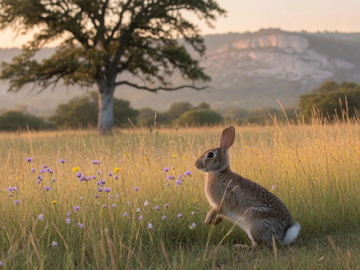 An eastern cottontail sitting alert in tall grass at the edge of a Hill Country meadow at dawn.