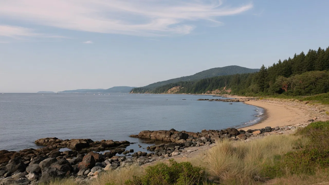 The Strait of Juan de Fuca coastline near Victoria, British Columbia, calm water meeting a rocky shore with low forested hills rising behind