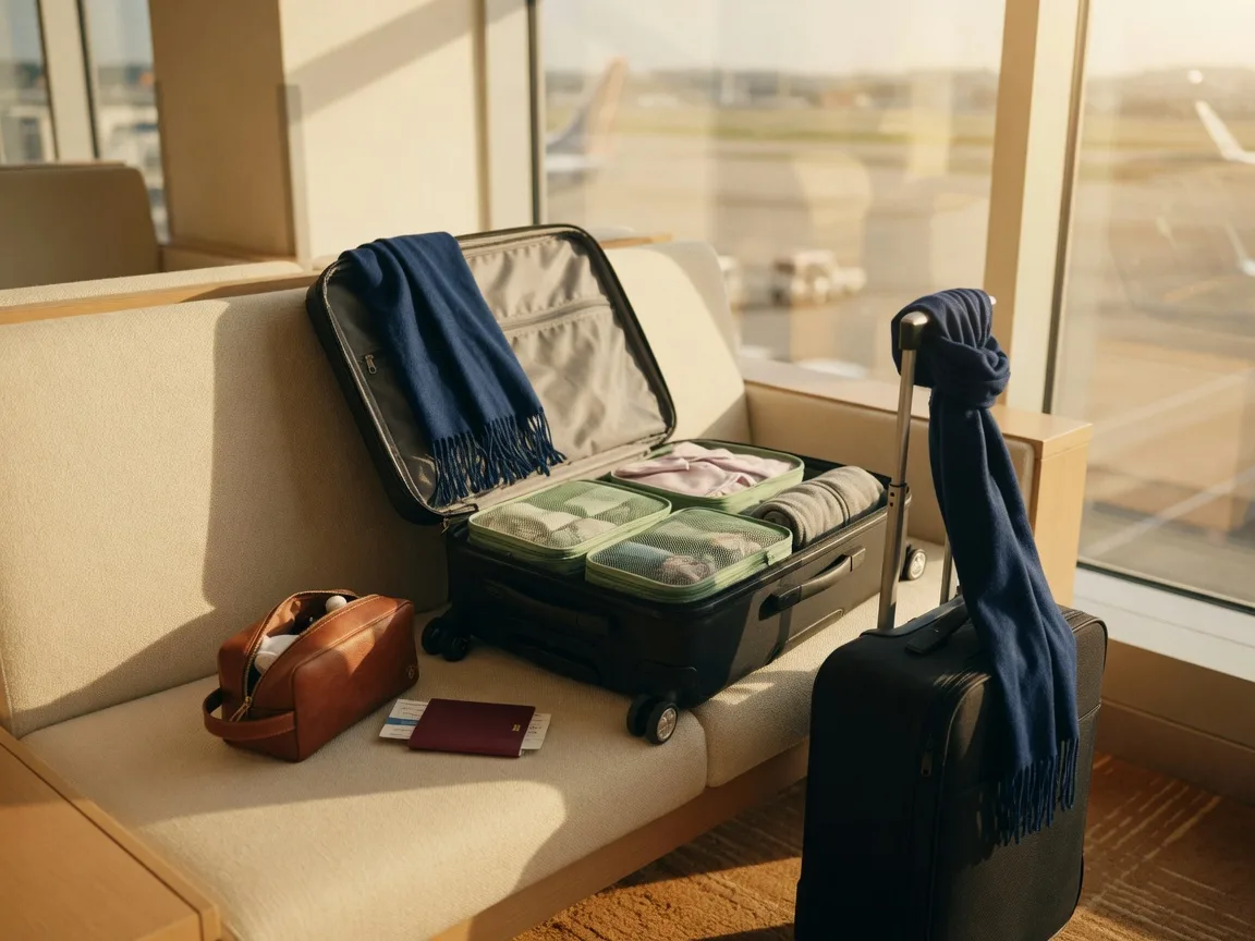 Un equipaje de mano abierto y empacado para viajar junto a un asiento junto a la ventana