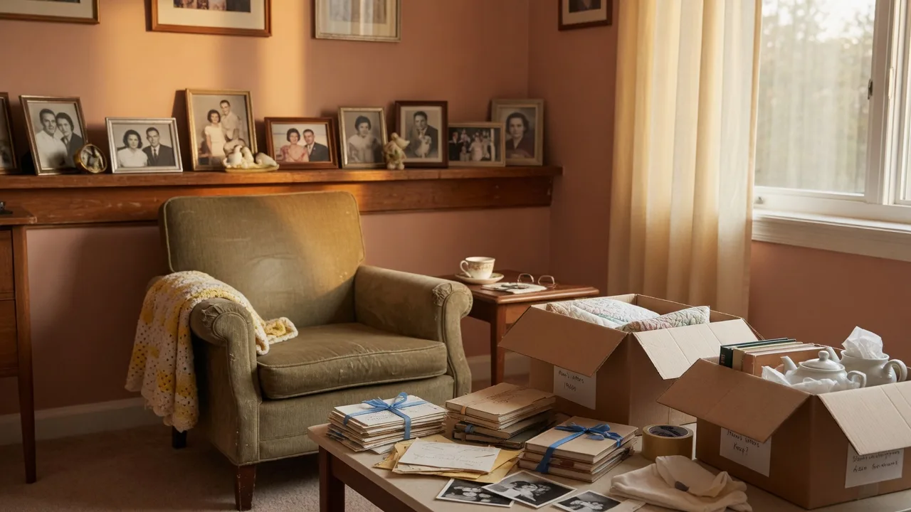 Warm, sunlit living room of a family home with personal photographs and belongings, evoking the emotional weight of sorting through a parent's cherished possessions