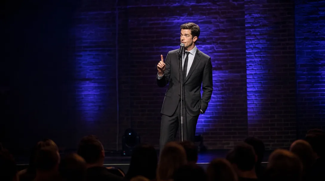 Comedian John Mulaney performing on stage with dramatic blue and purple stage lighting at a theater