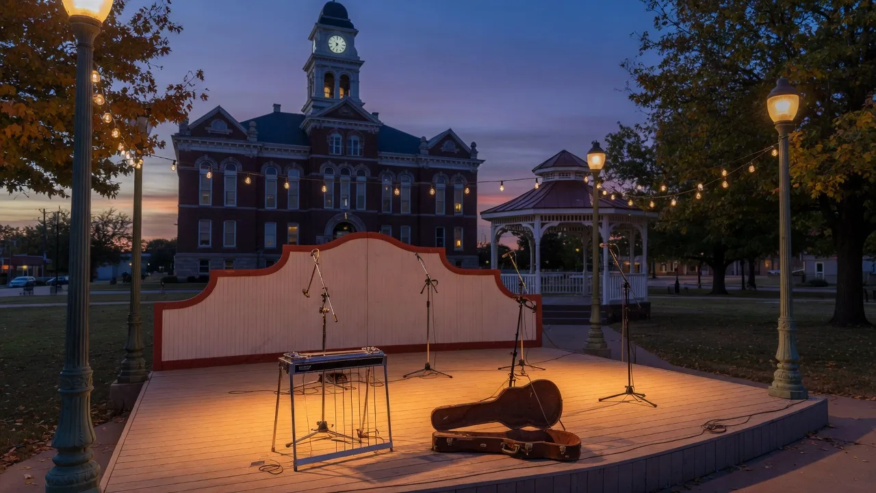 An Americana band shell stage on a small-town Oklahoma square at blue hour with warm amber stage lights, a pedal steel guitar on a stand, microphone stands, and string lights strung between lamp posts