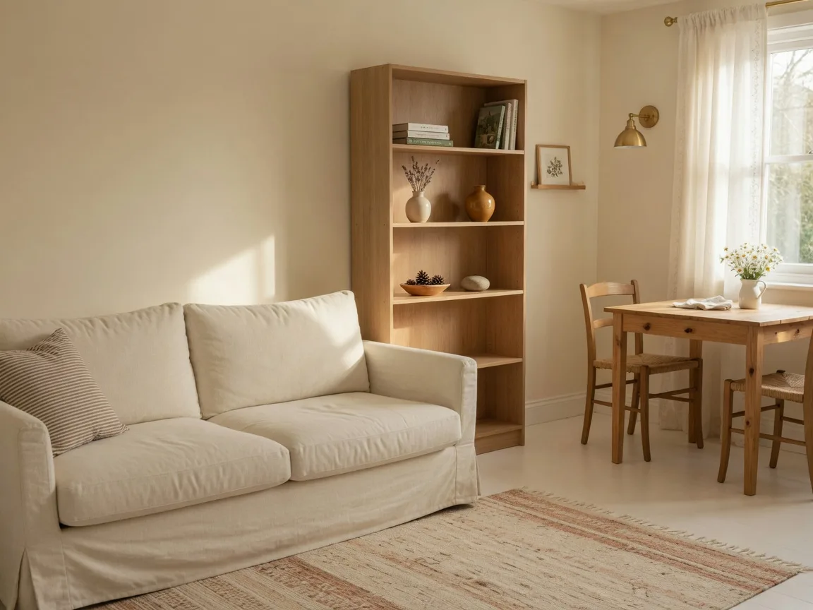 Bright, airy living room with cream sofa and light oak shelving, staged for a right-sized home