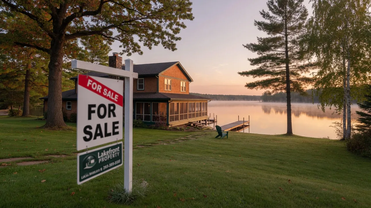 For Sale sign in front of a Minnesota lake home at golden hour