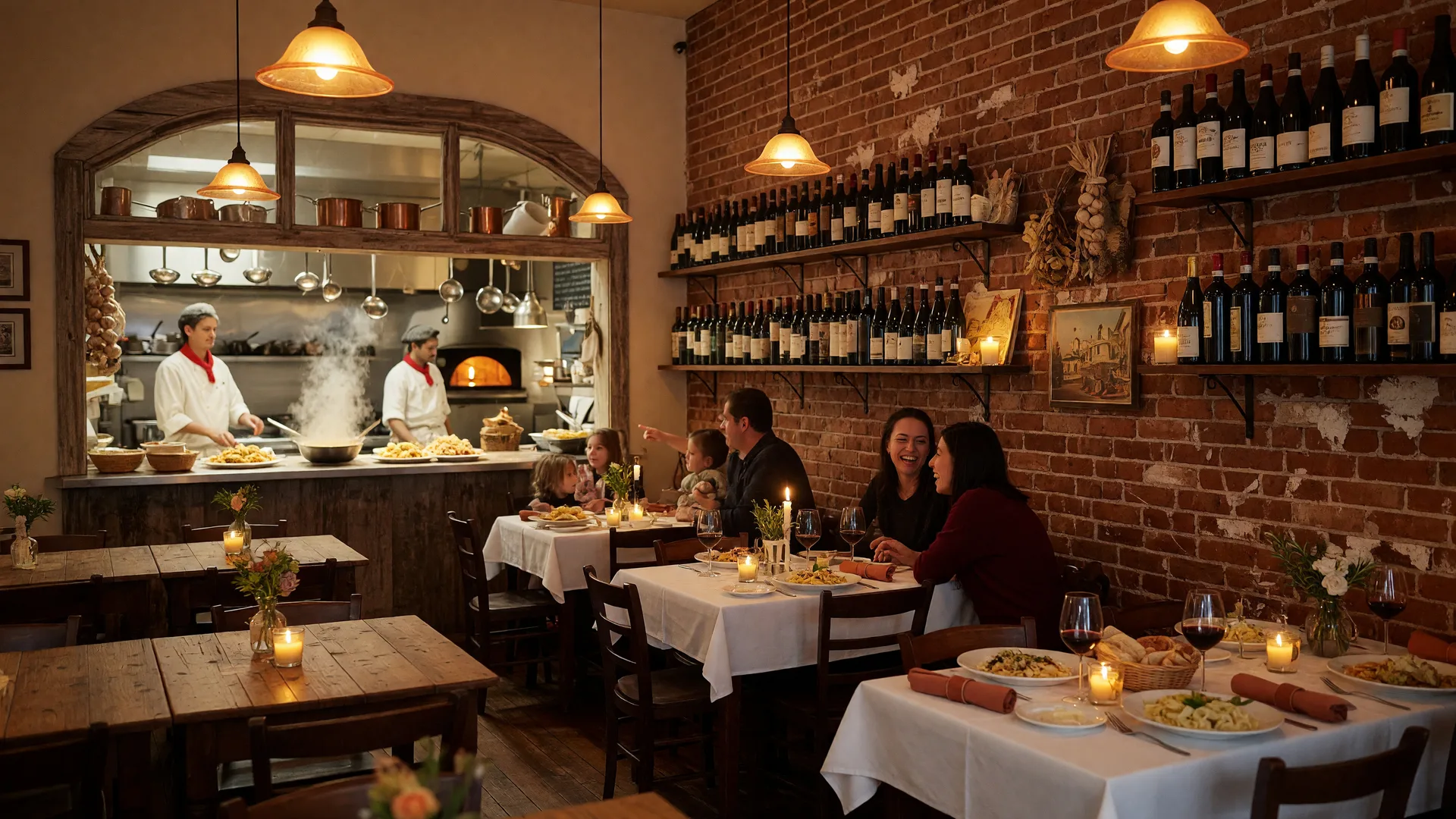 Warm inviting interior of Pasta Masters Cucina in Hoschton Georgia with rustic wooden tables, exposed brick, wine bottles, and soft candlelit atmosphere