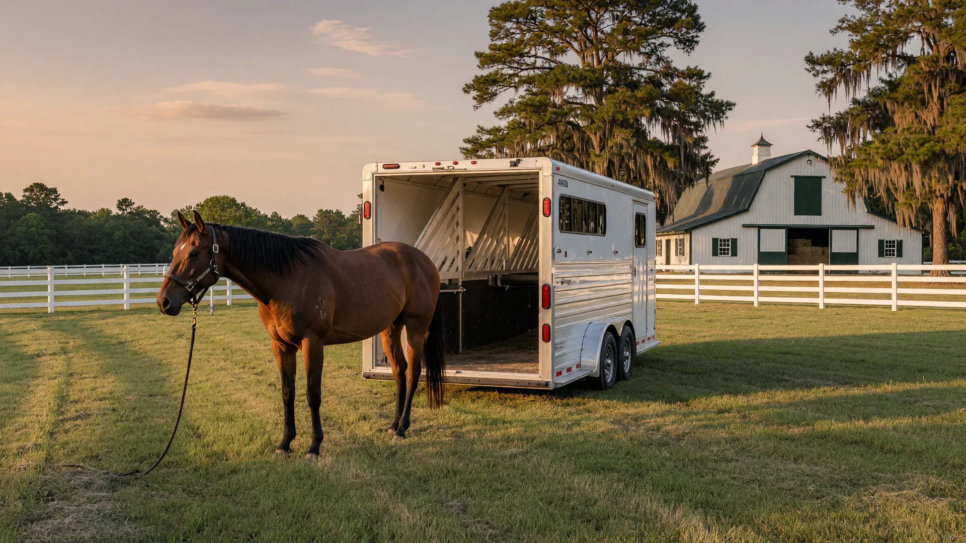 Horse standing beside a slant-load trailer at the edge of a mowed pasture on an Aiken SC horse farm at golden hour