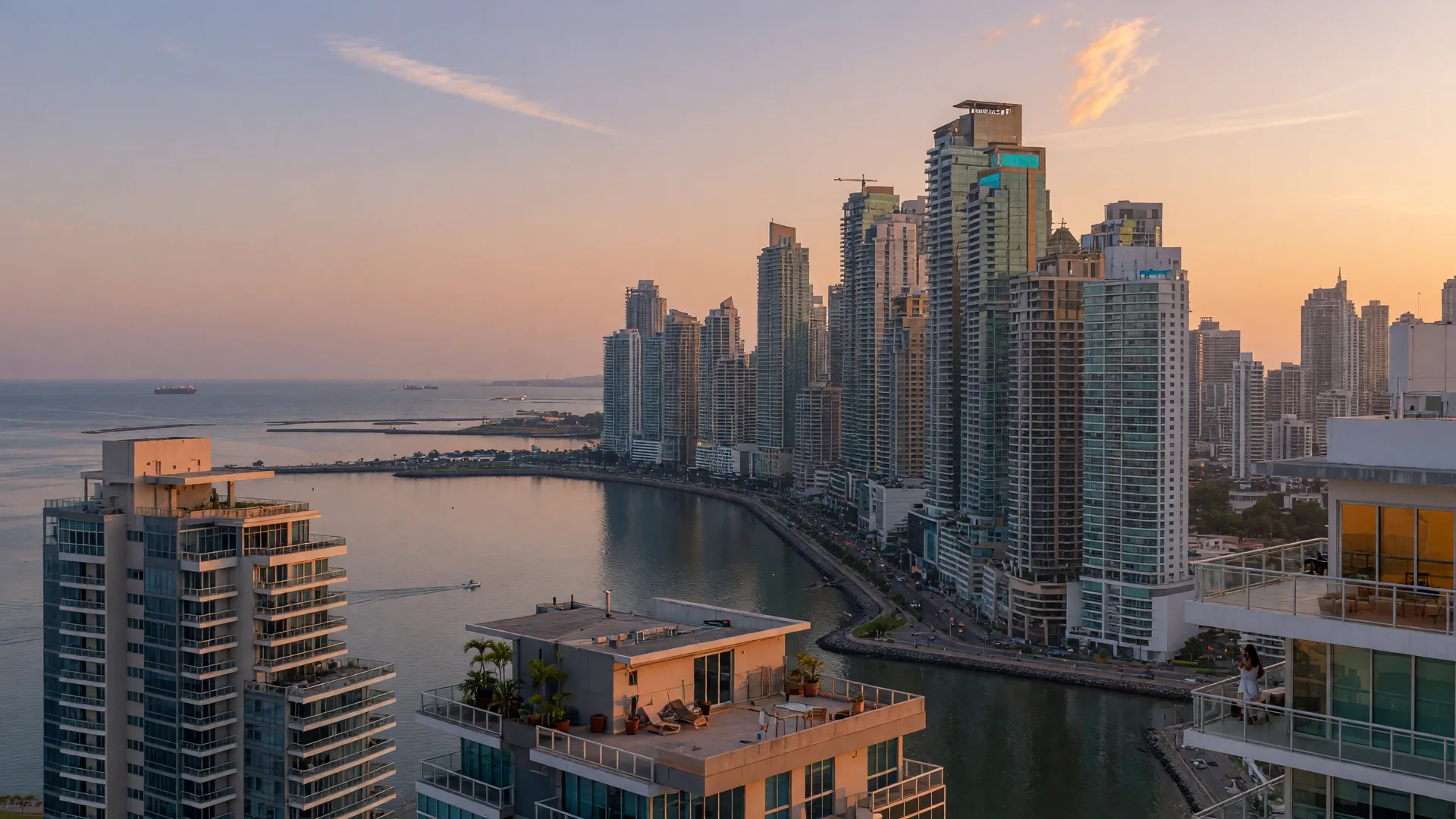 Panama City's modern waterfront skyline at golden hour with glass condominium towers rising above the Pacific bay