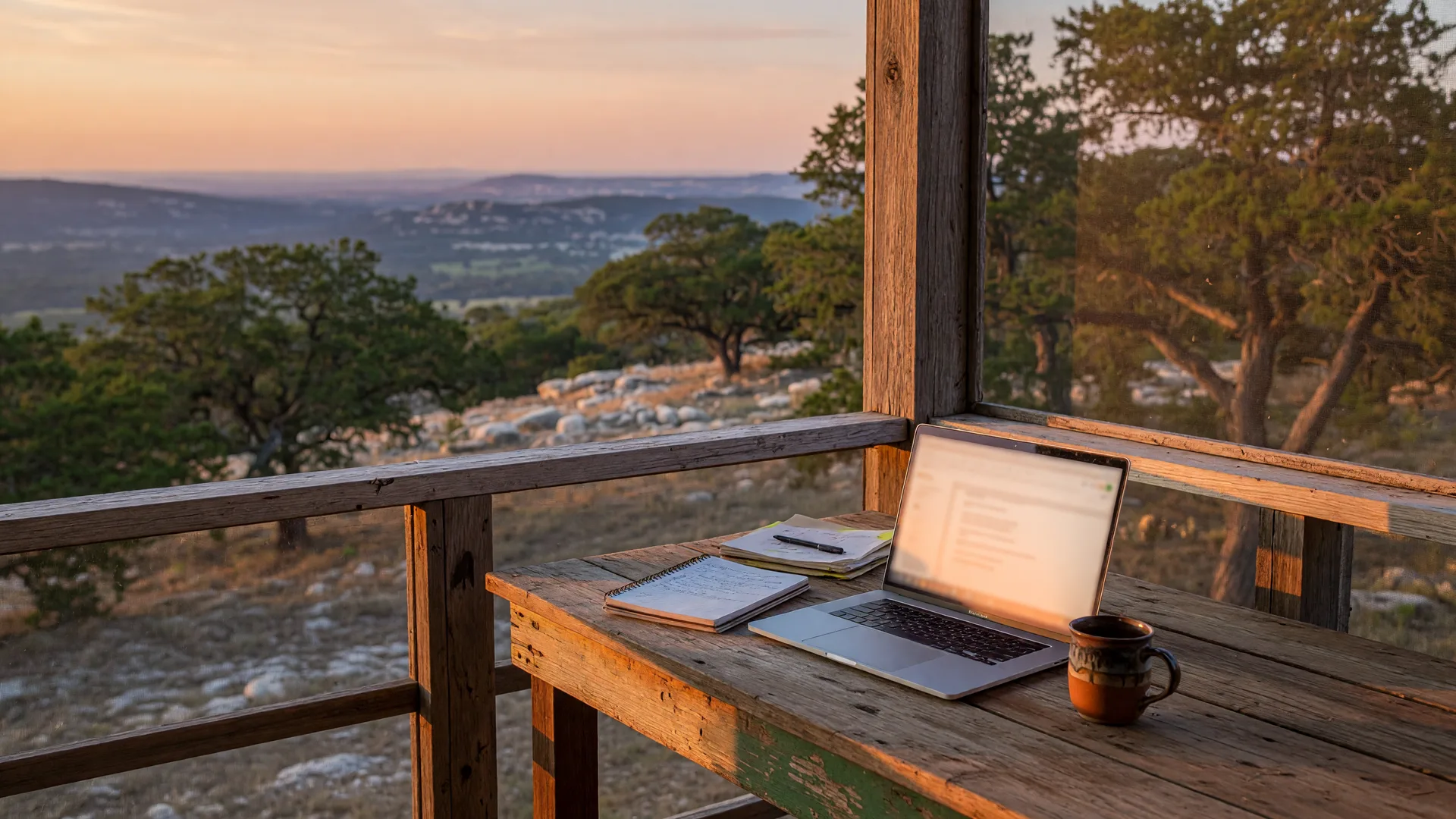 A remote-work desk on a screened porch overlooking the Texas Hill Country at golden hour, with a laptop open on a rustic wooden desk