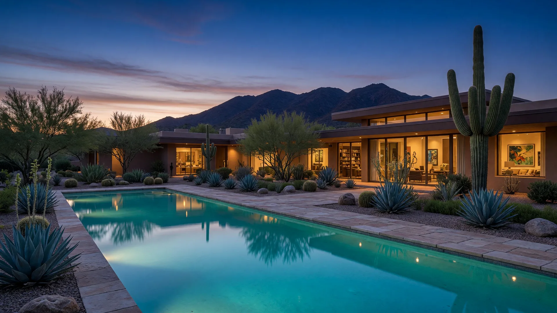 A luxury estate home in Paradise Valley at dusk, with a turquoise pool reflecting the house and mountains behind