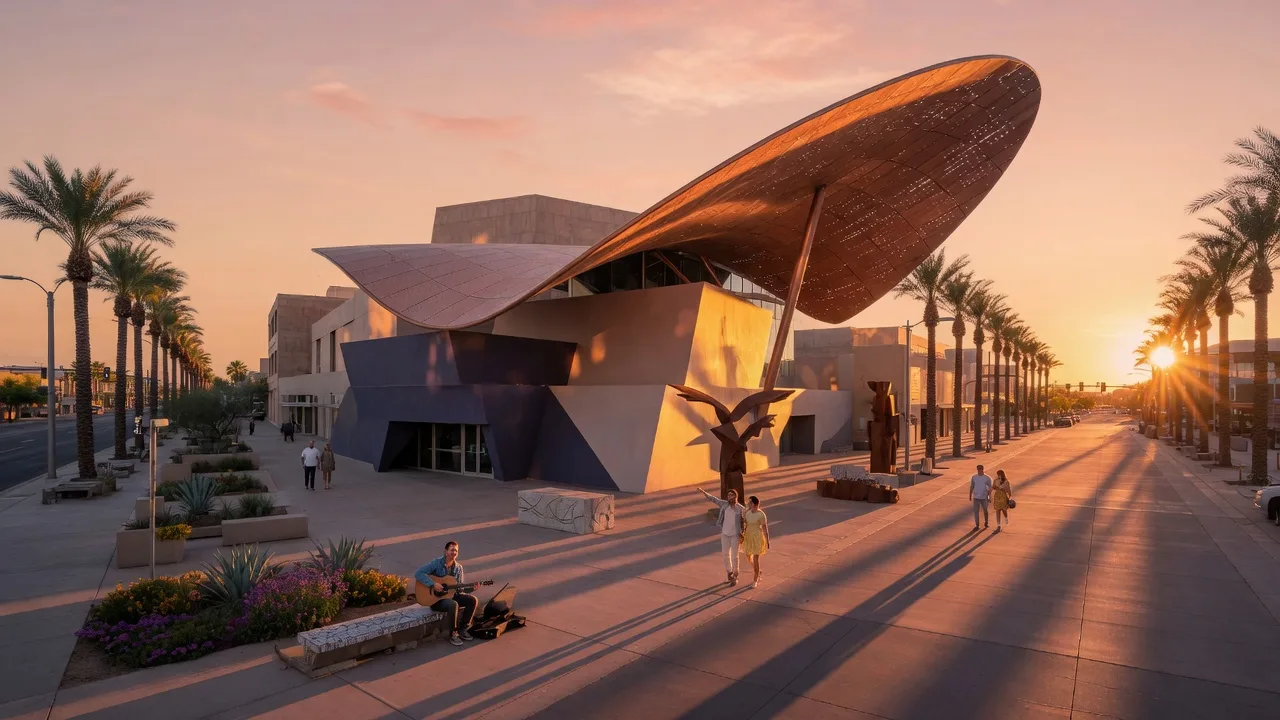Downtown Mesa Main Street at golden hour with the Mesa Arts Center and palm-lined streetscape