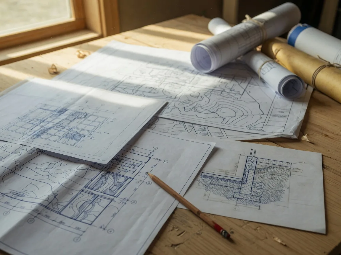 Architectural site plan and blueprints on a builder's table during the design and preconstruction phase