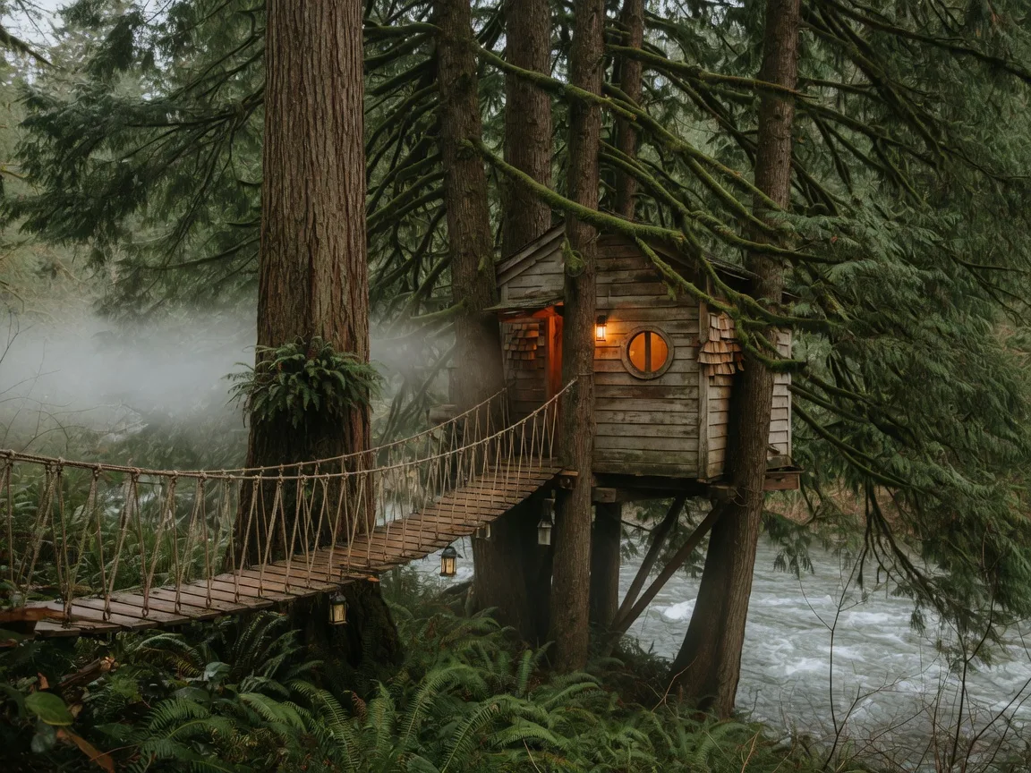 Cedar treehouse cabin nestled among tall evergreens by the Raging River near Preston