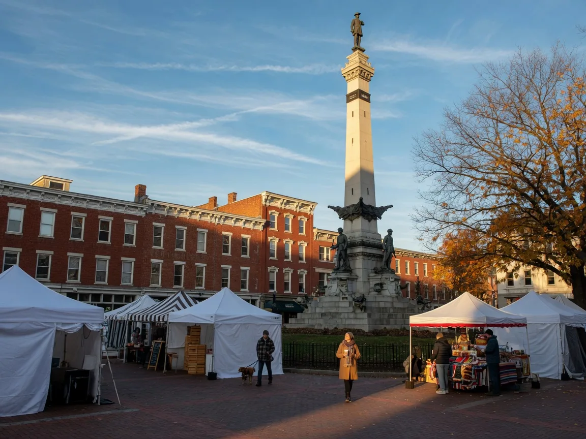 Vendor tents opening around the monument in Easton's Centre Square on a crisp November morning