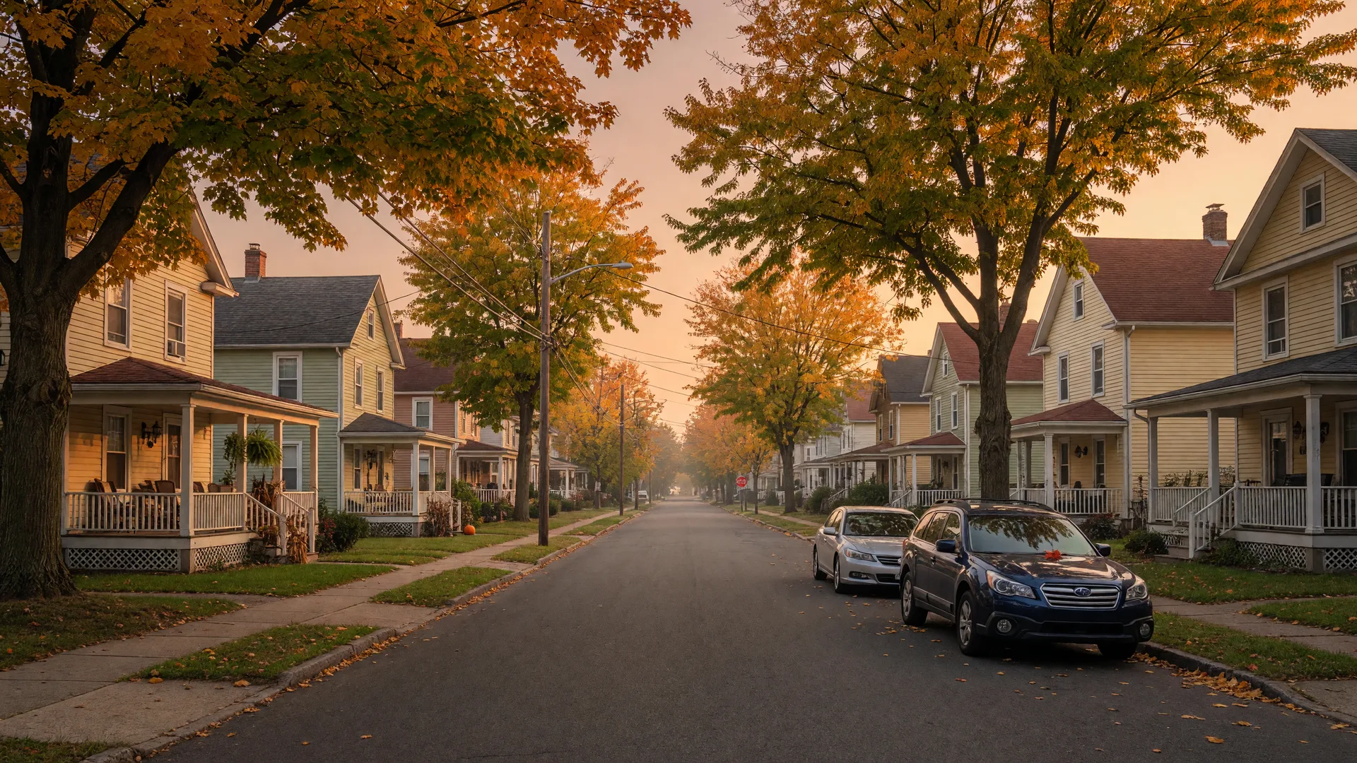 A quiet, leafy residential street in a North Jersey town at golden hour