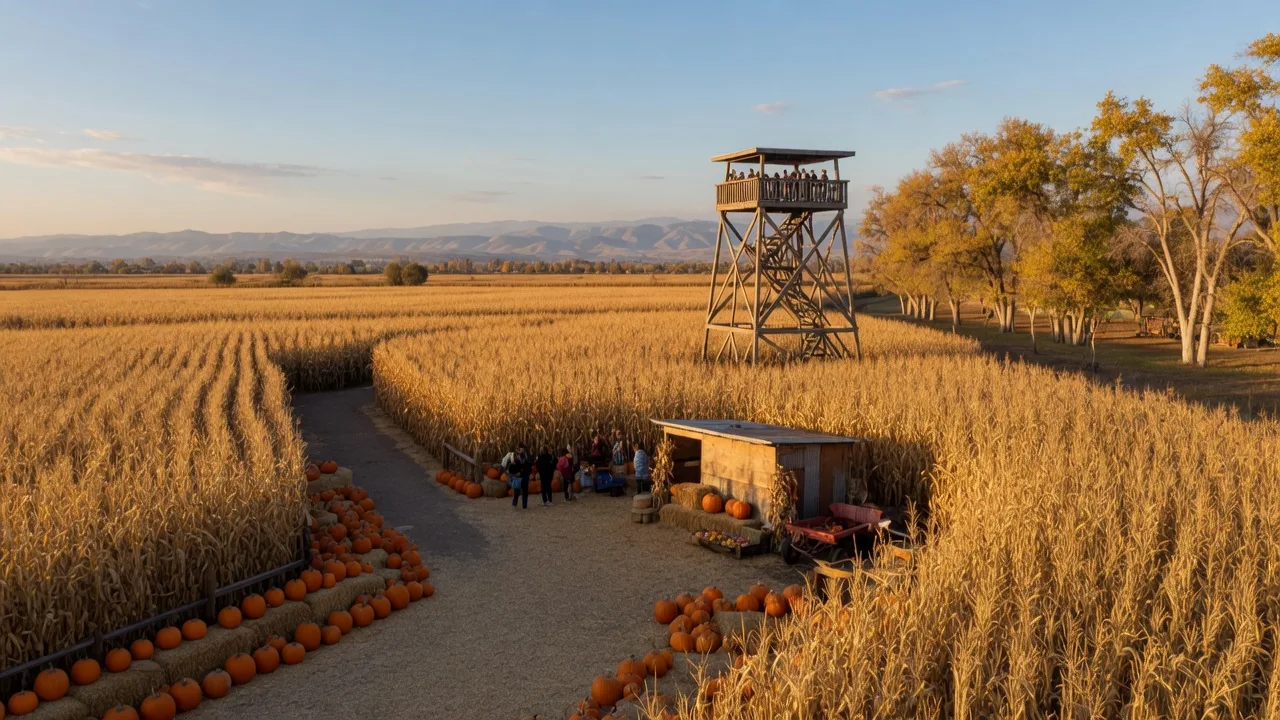 A Central Valley corn maze and pumpkin patch on a clear early-October afternoon, tall golden corn forming a maze with a wooden observation tower, rows of pumpkins and hay bales along the entrance path, and the hazy Sierra Nevada foothills on the horizon