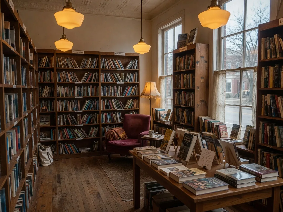 Cozy interior of an independent bookstore with floor-to-ceiling wooden bookshelves, comfortable reading chairs, and warm amber lighting