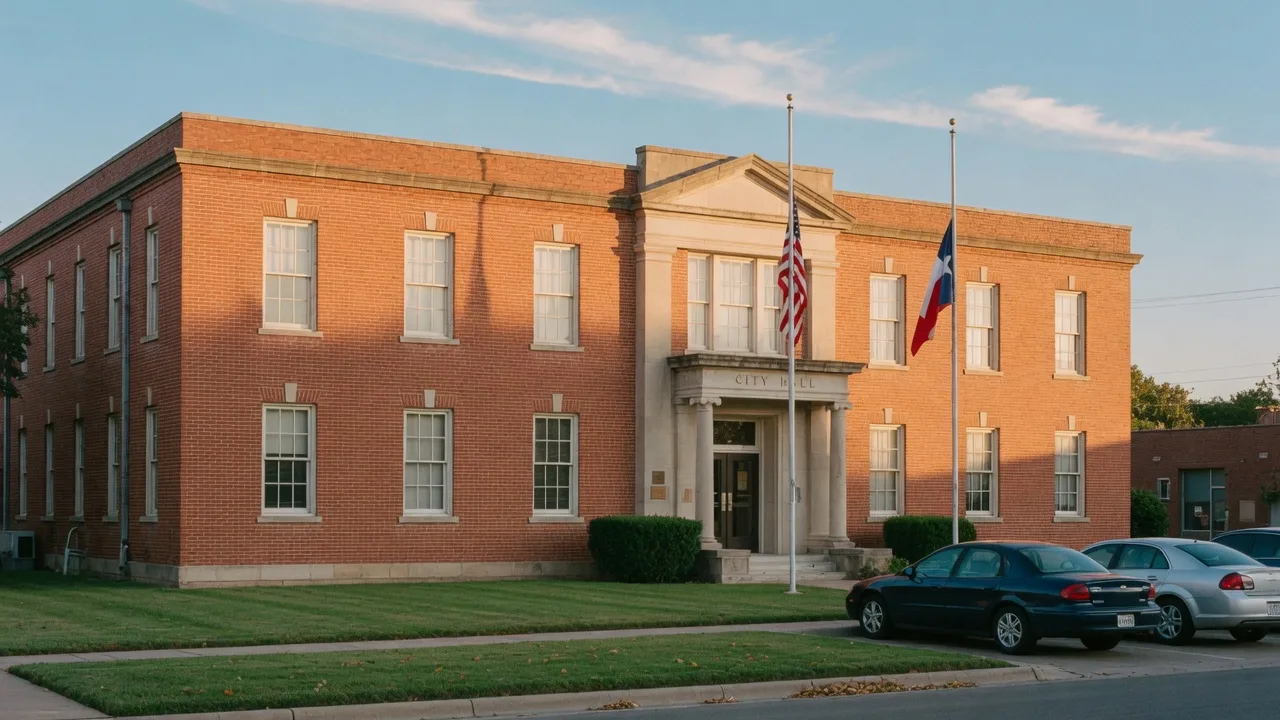 Small-town Texas municipal government building with a red brick facade, columned entry, and American and Texas state flags in golden-hour light