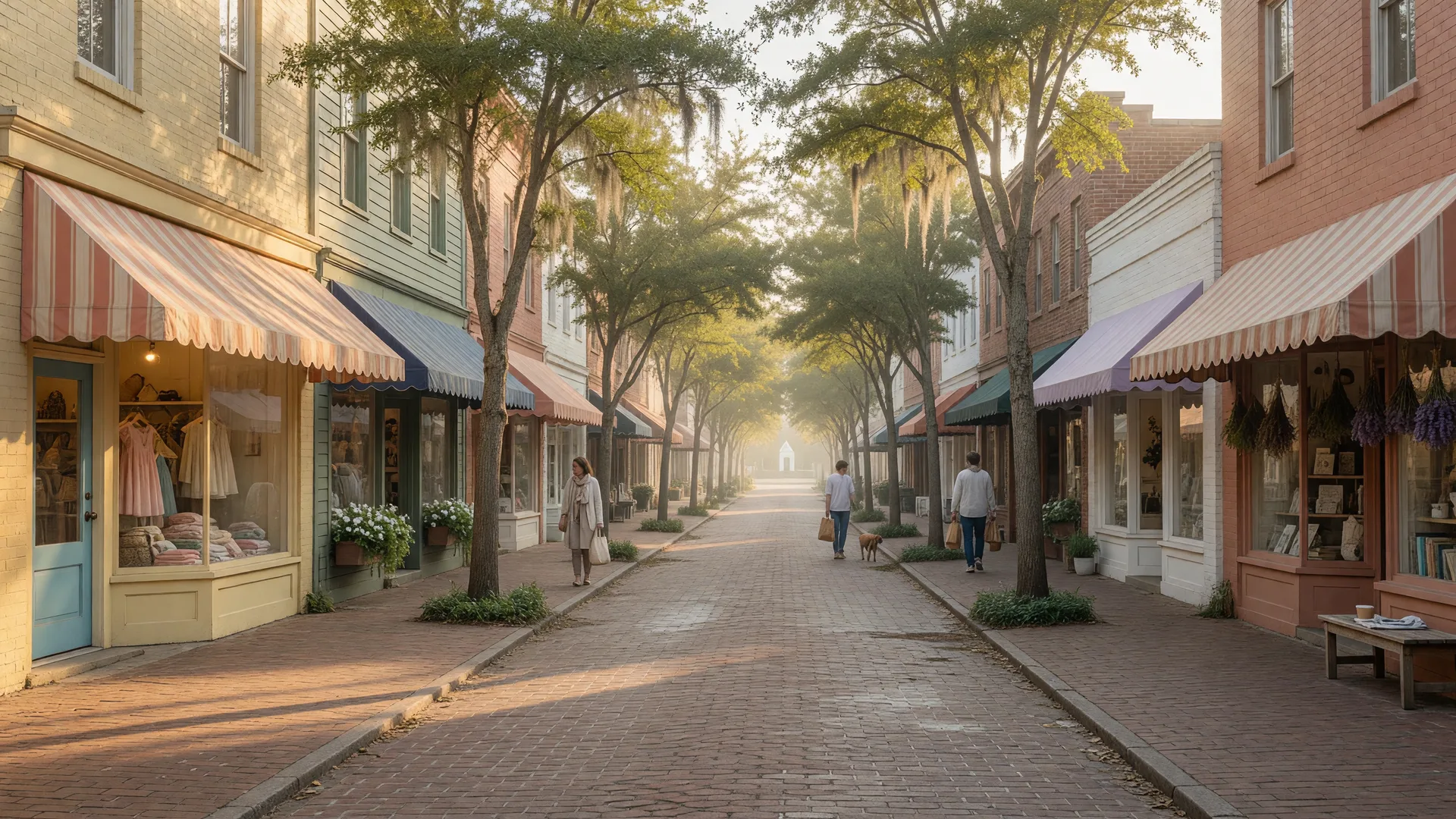 Brick paved Park Avenue in Winter Park with boutiques and live oaks in morning light