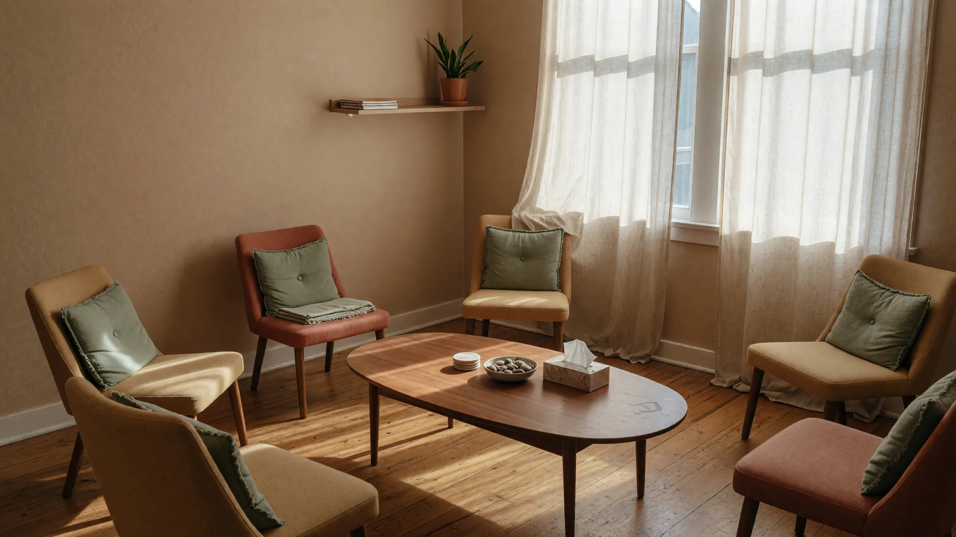 A bright therapy room with a small circle of empty warm-toned chairs around a low wooden table in soft morning light