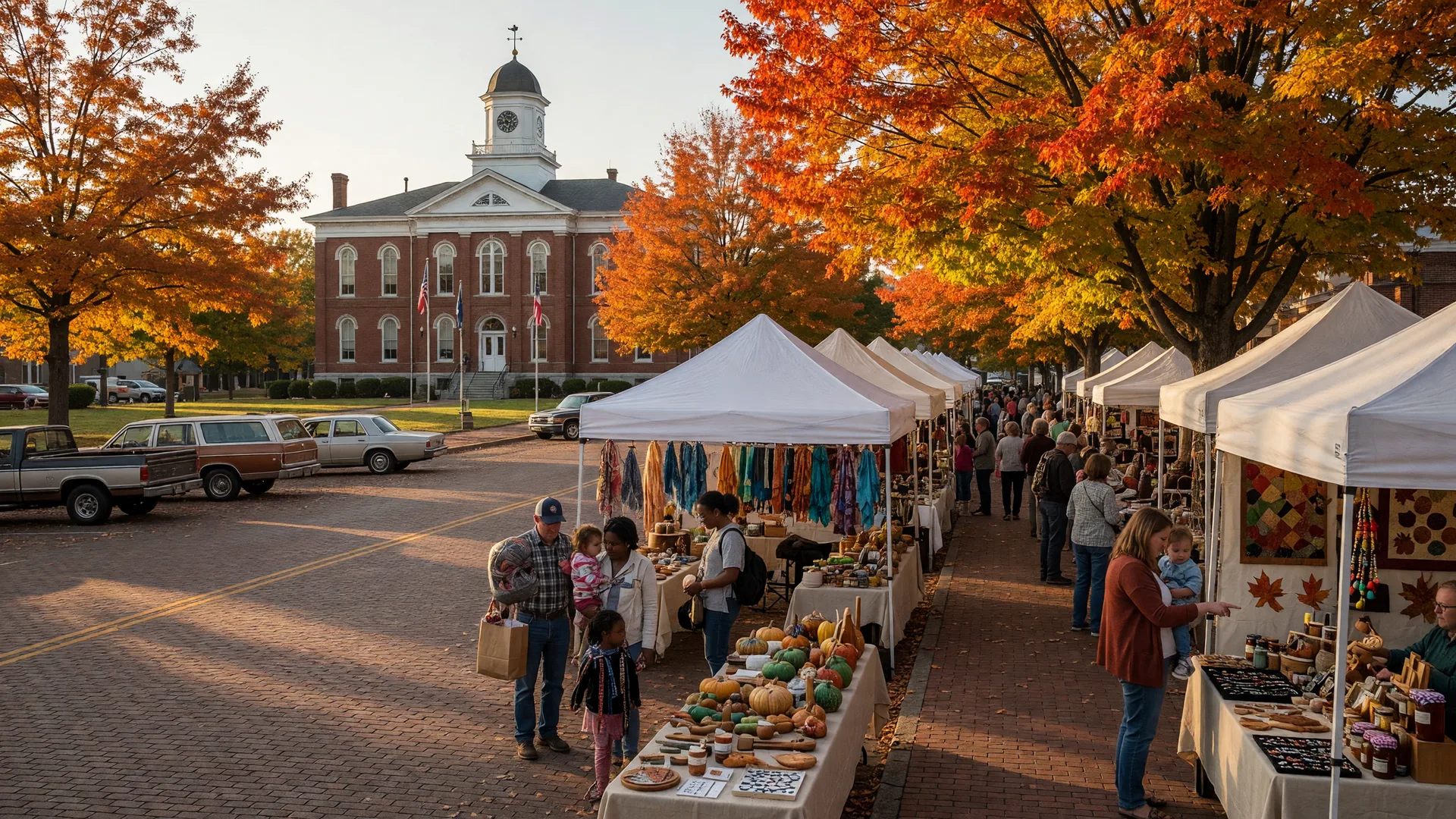 Small-town fall festival on a historic Georgia main street with vendor tents, families, and a courthouse in the background beneath autumn foliage