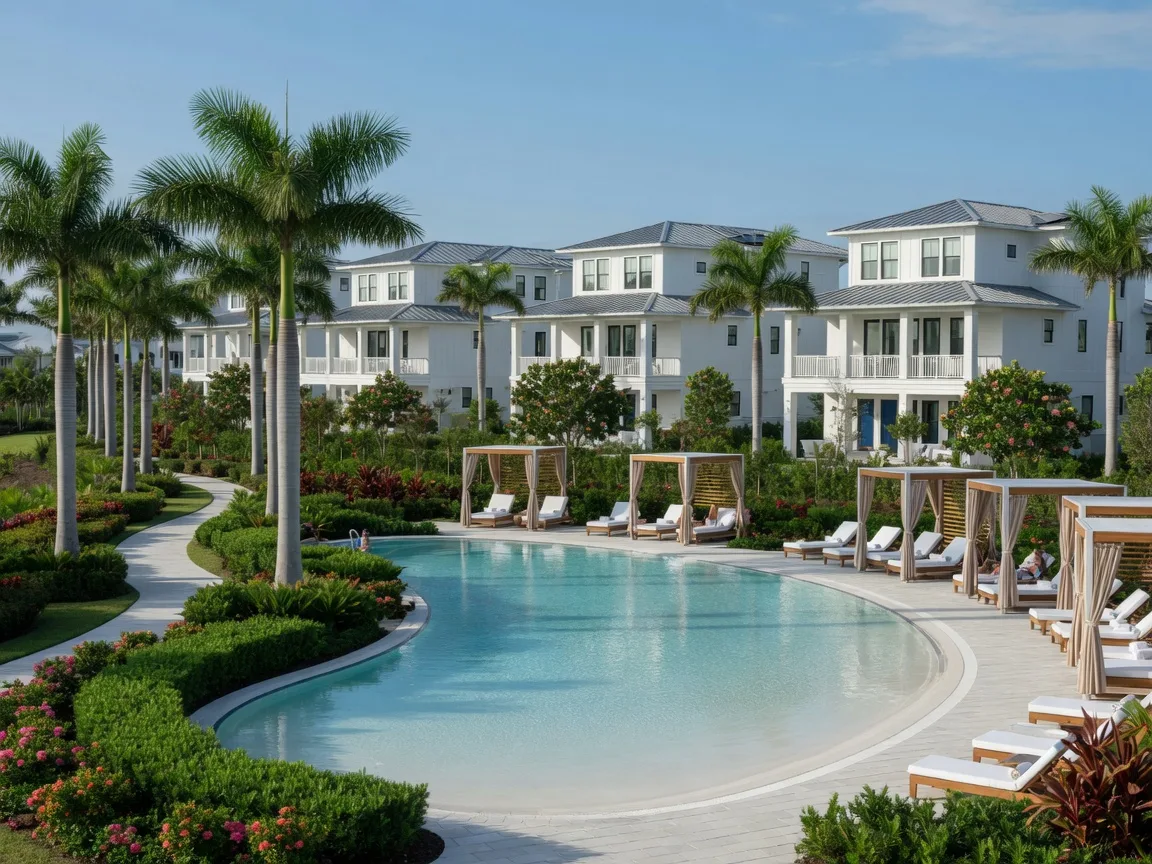 Resort-style community pool with palm trees and contemporary homes in Southwest Florida
