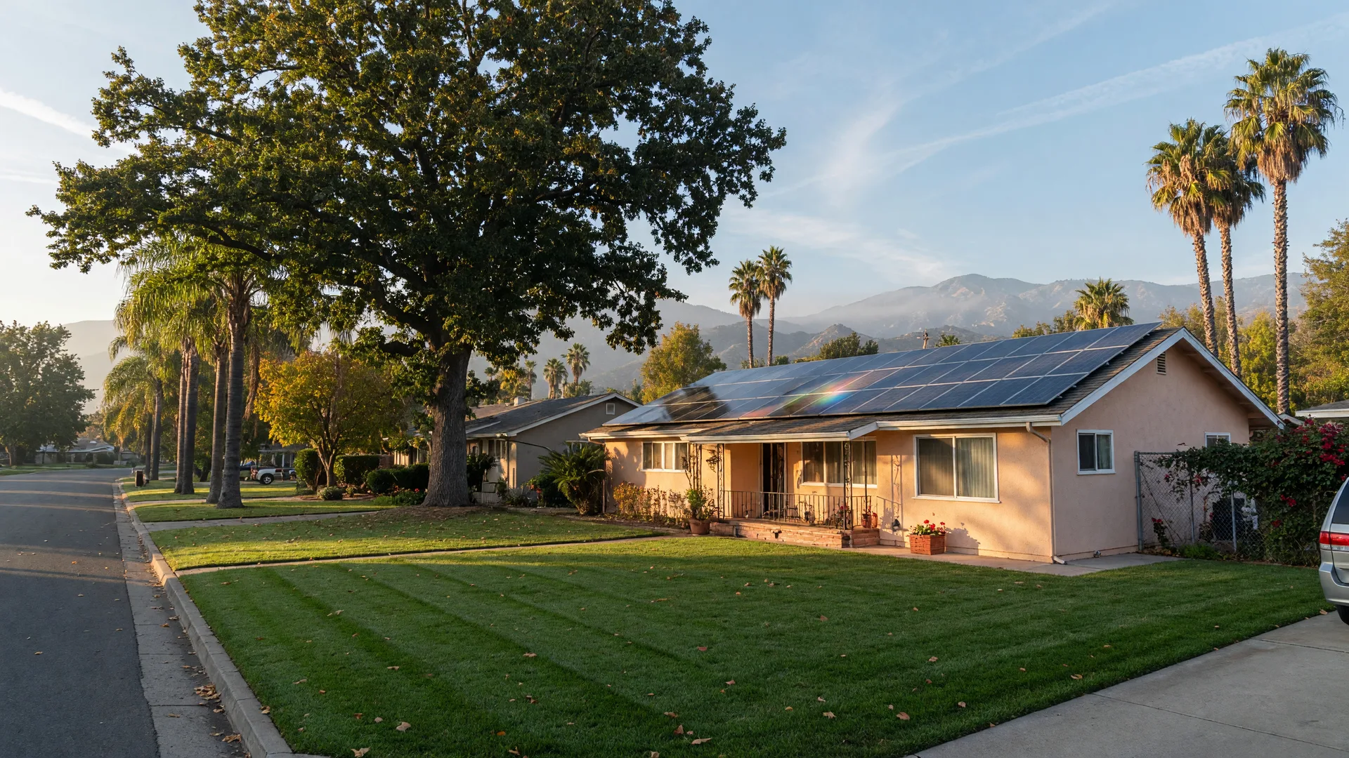 A single-story ranch home in a Merced County neighborhood with a rooftop solar panel array on a crisp October morning, golden autumn light across the stucco walls and lawn, a mature valley oak, and the hazy Sierra Nevada foothills on the horizon
