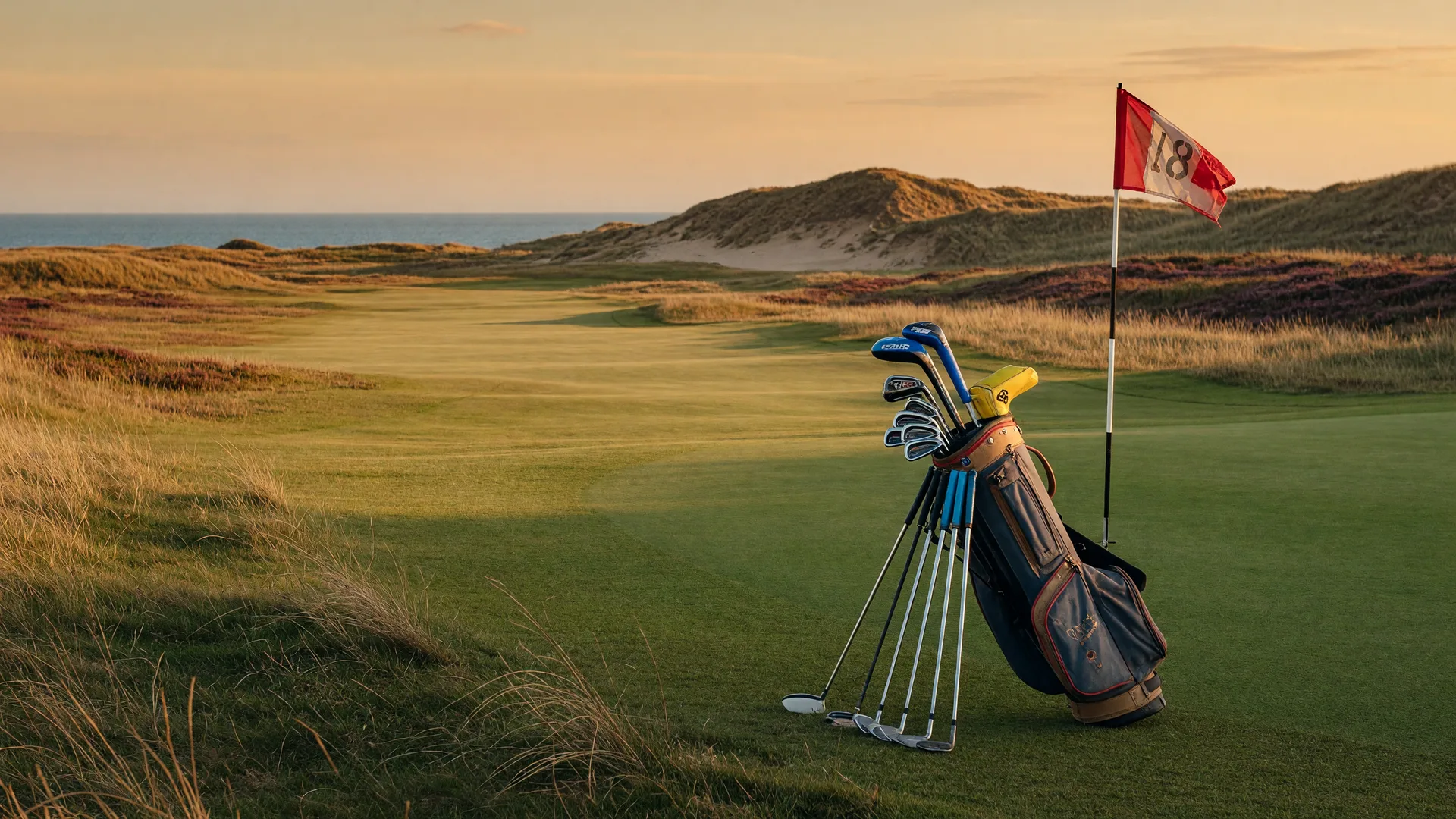 A junior golf bag and clubs standing beside a flagstick on a windswept links course at golden hour