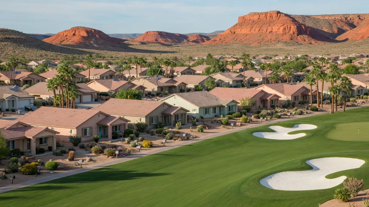 AI-rendered concept image of a sunny 55+ active adult community with golf course and southwestern homes near St. George